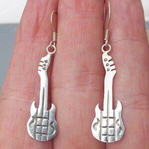 Sterling Silver Mexico GUITAR Dangle Vintage Light Weight Pierced Earrings